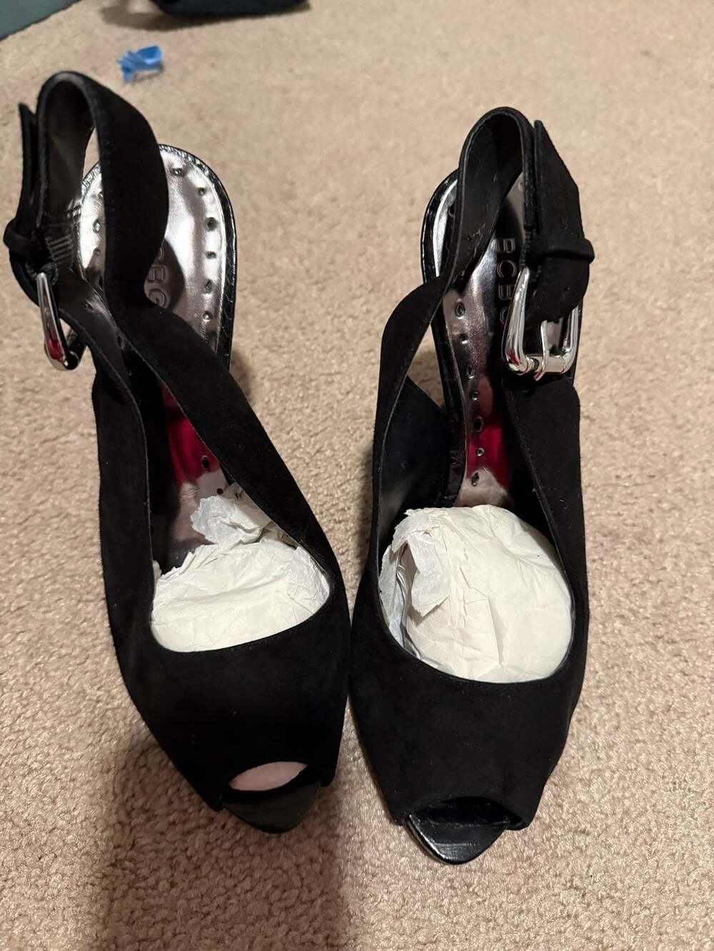 BCBGirls Fernando Heels Size 7B Black Suede Peep Toe Slingback